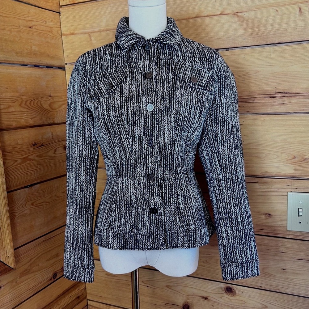 Tweed Moto Blazer Women Large Black White Marled Bouclé Tailored Fitted WHBM